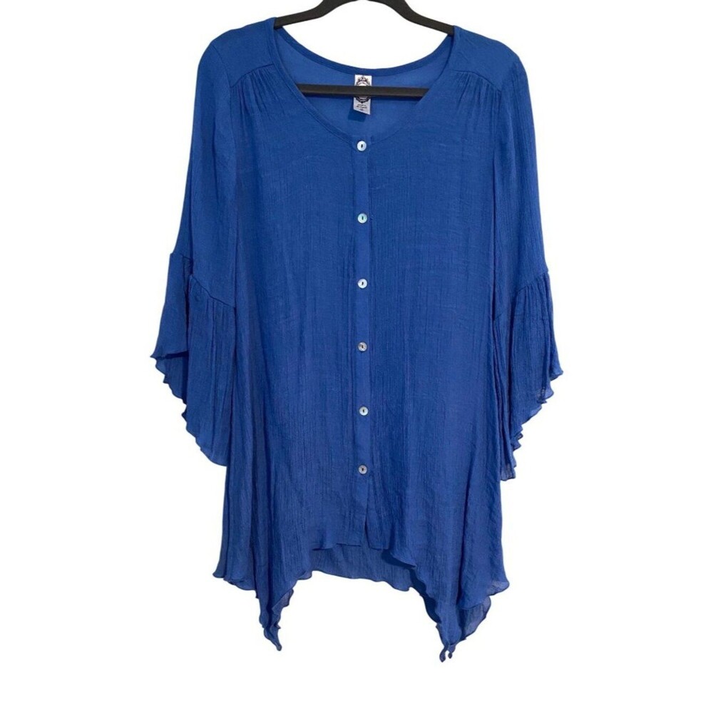 Honeyme Women’s S Blue Button Up Tunic Top Flowy Bell Sleeve Asymmetrical Hem